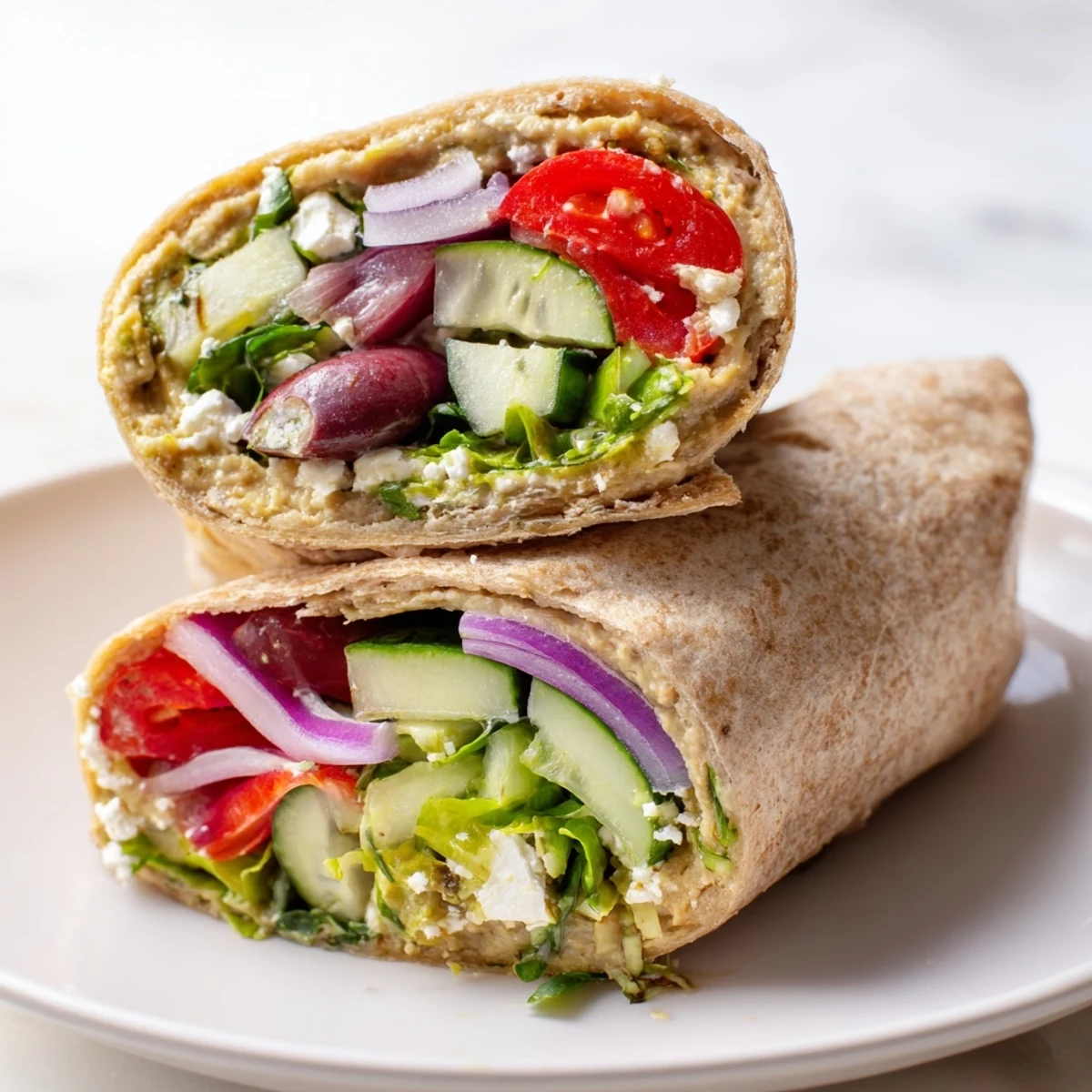 Sliced Mediterranean Sandwich Wrap stacked on a plate, drizzled with herb dressing and garnished with fresh parsley, ready for lunch.