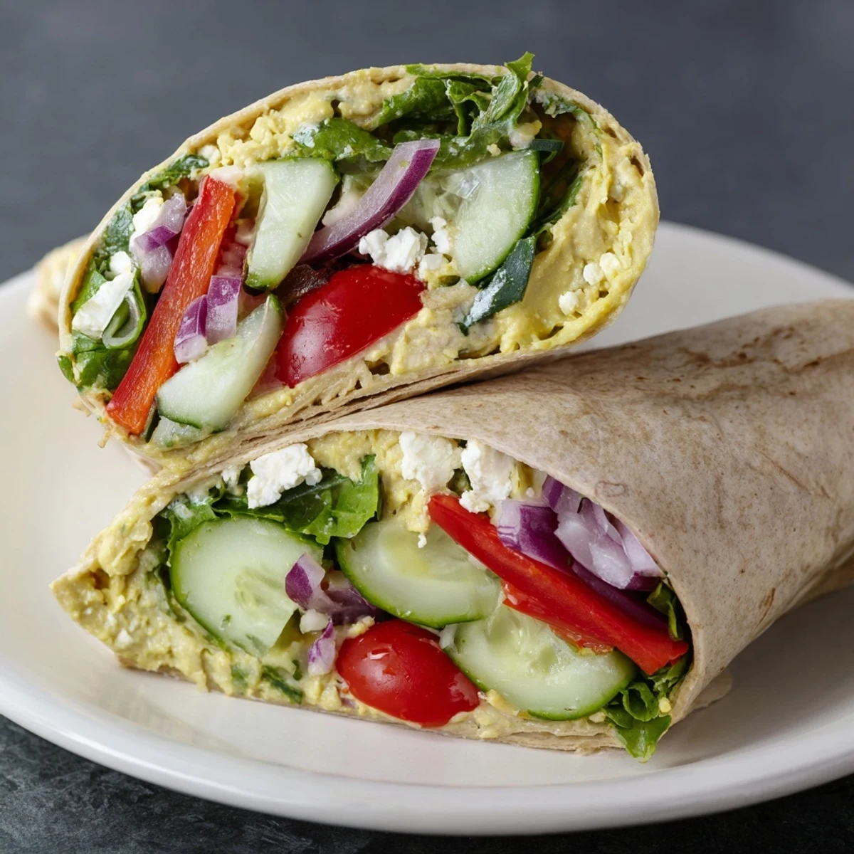 Fresh Mediterranean Sandwich Wrap cut in half, showing creamy hummus, crisp cucumber, cherry tomatoes, and crumbled feta on a wooden board.