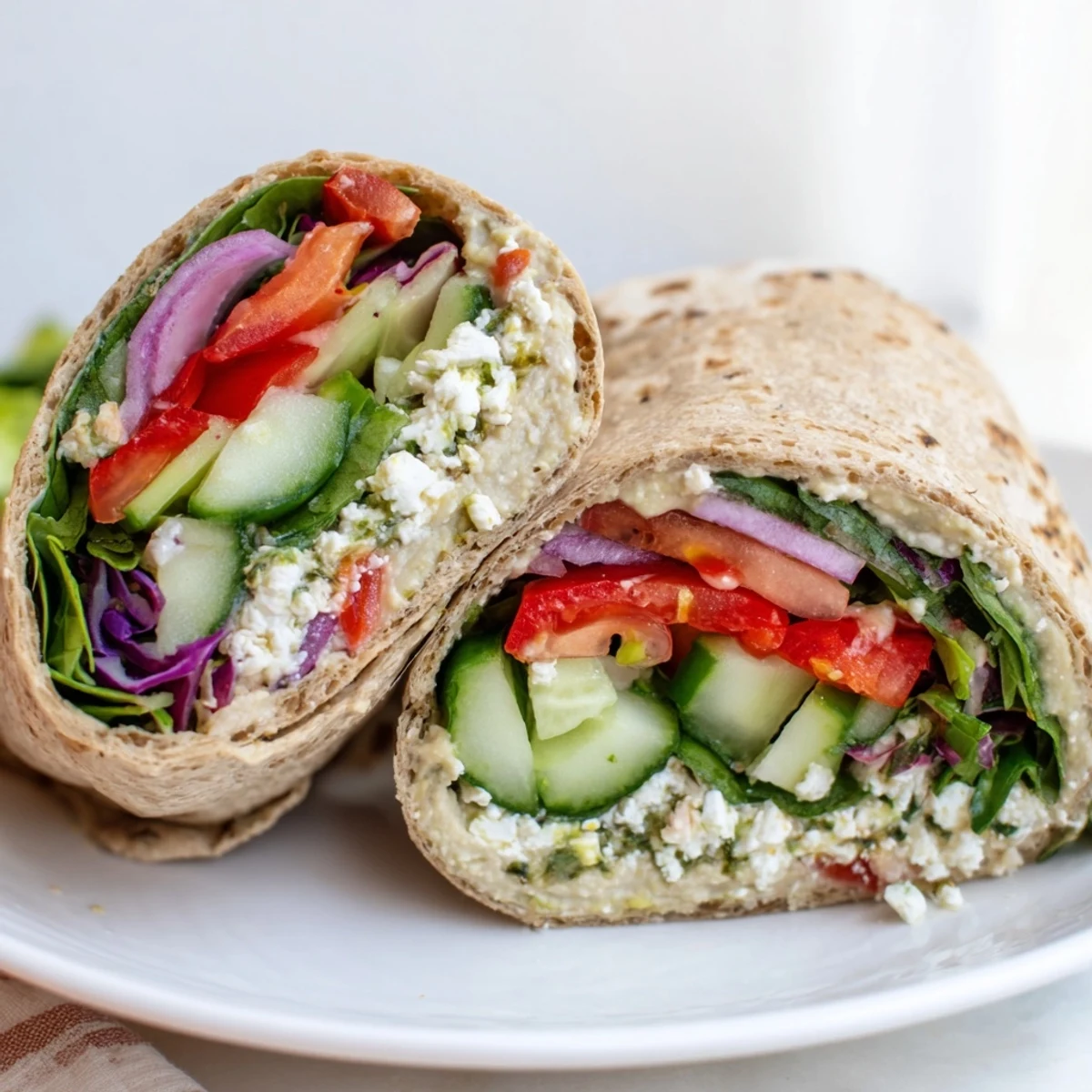 Colorful Mediterranean Sandwich Wrap filled with bell peppers, red onion, and salad greens, served with lemon wedges and a small bowl of dressing.
