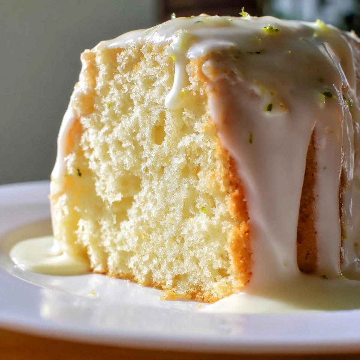 Freshly baked lemon cake square glazed and garnished with zest, showcasing its tender crumb on a wooden board.