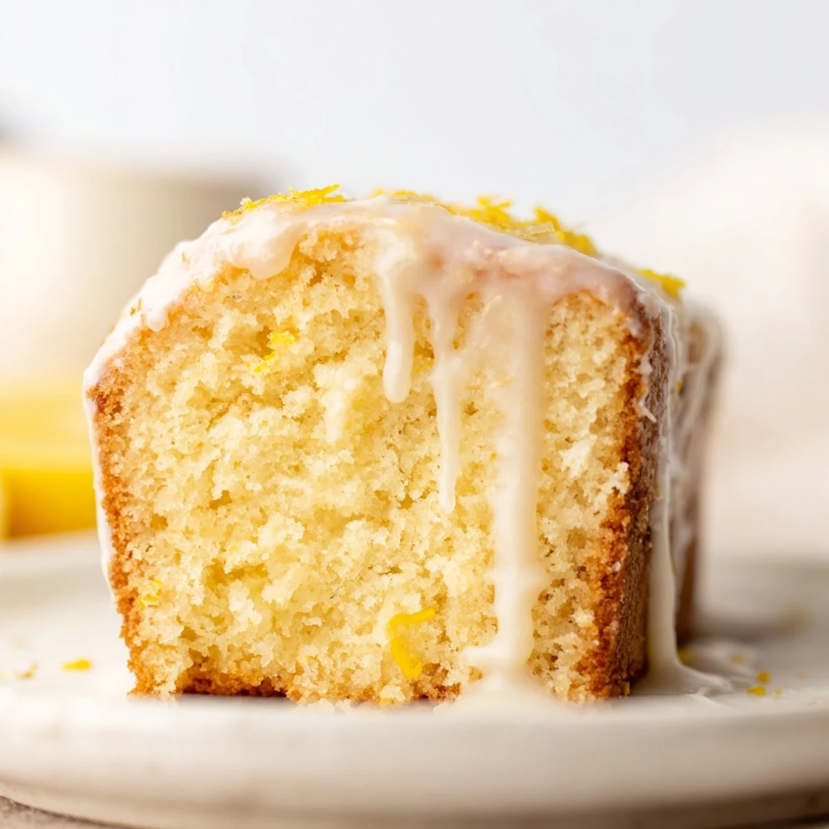 A slice of moist lemon cake with zesty glaze, served on a ceramic plate for afternoon tea.