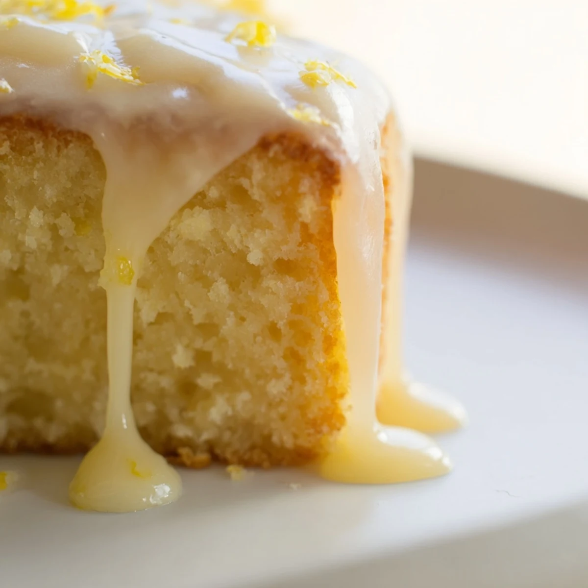 Close-up of a lemon cake slice with glistening glaze, paired with a steaming cup of tea on a table.