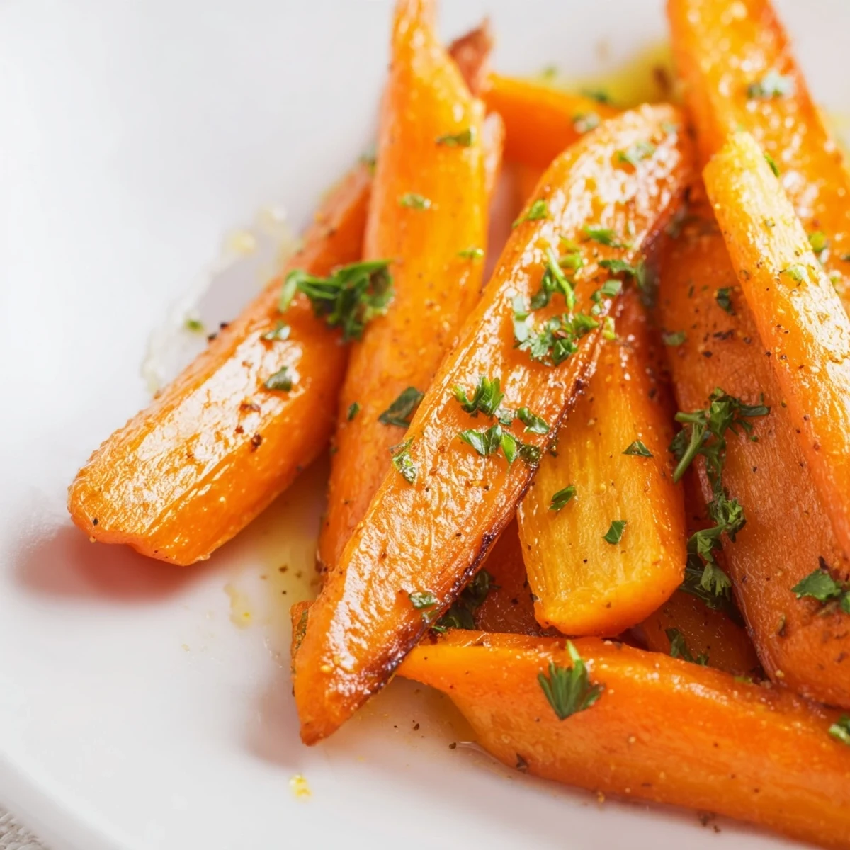 Roasted carrot sticks plated beside grilled chicken, ready to be served as a vibrant, healthy weeknight side dish.