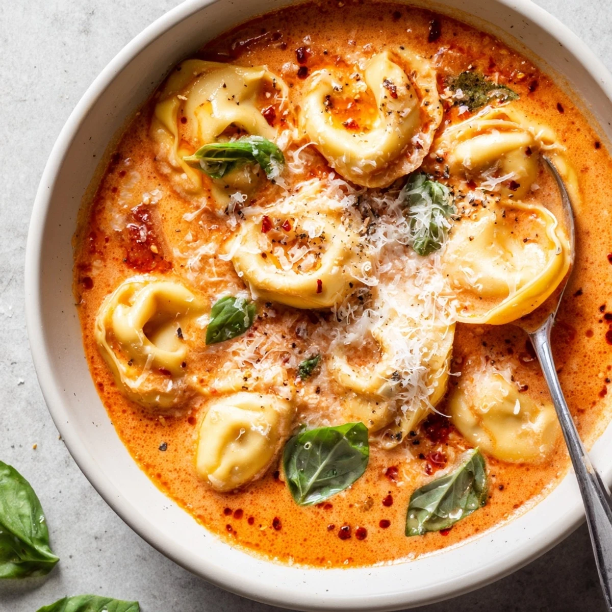 Creamy tomato tortellini soup with basil garnish in a rustic bowl