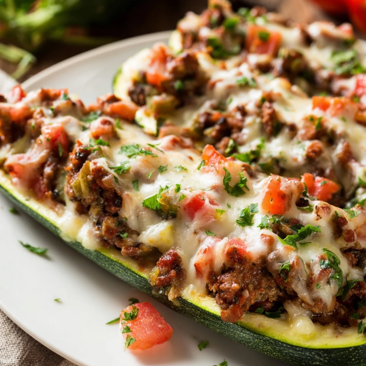 Tender zucchini halves are filled with savory ground beef and tomato mixture in a casserole dish.