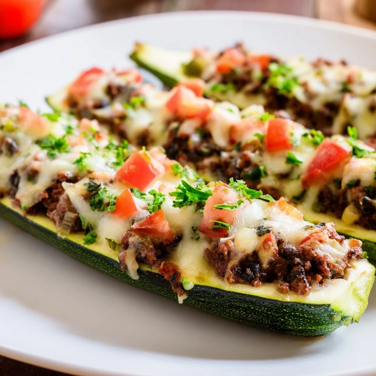Fresh parsley garnishes these low-carb Zucchini Boats Stuffed with Ground Beef, ready for a weeknight dinner.