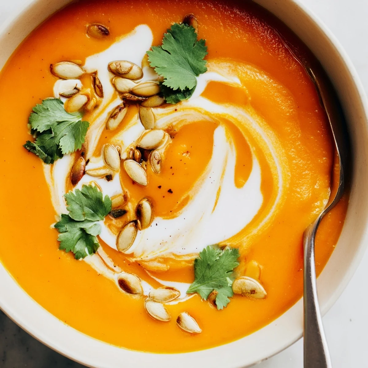 Vibrant orange roasted carrot and ginger soup, garnished with fresh cilantro and a swirl of coconut milk, served in a rustic bowl.