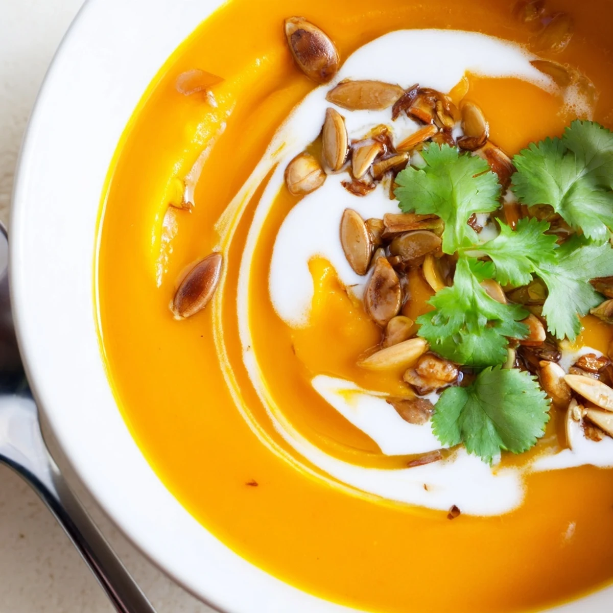 A bowl of creamy roasted carrot and ginger soup, topped with toasted pumpkin seeds and a lime wedge, steaming gently on a linen napkin.