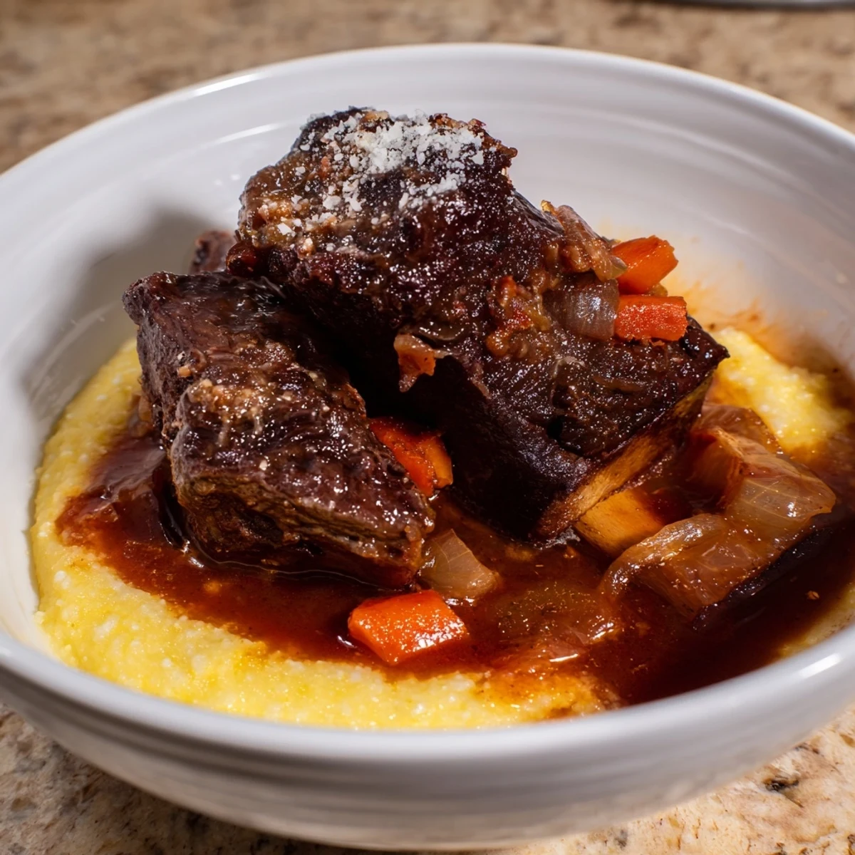 Tender, fall-off-the-bone beef short ribs resting on creamy polenta, drizzled with a rich, savory red wine sauce.