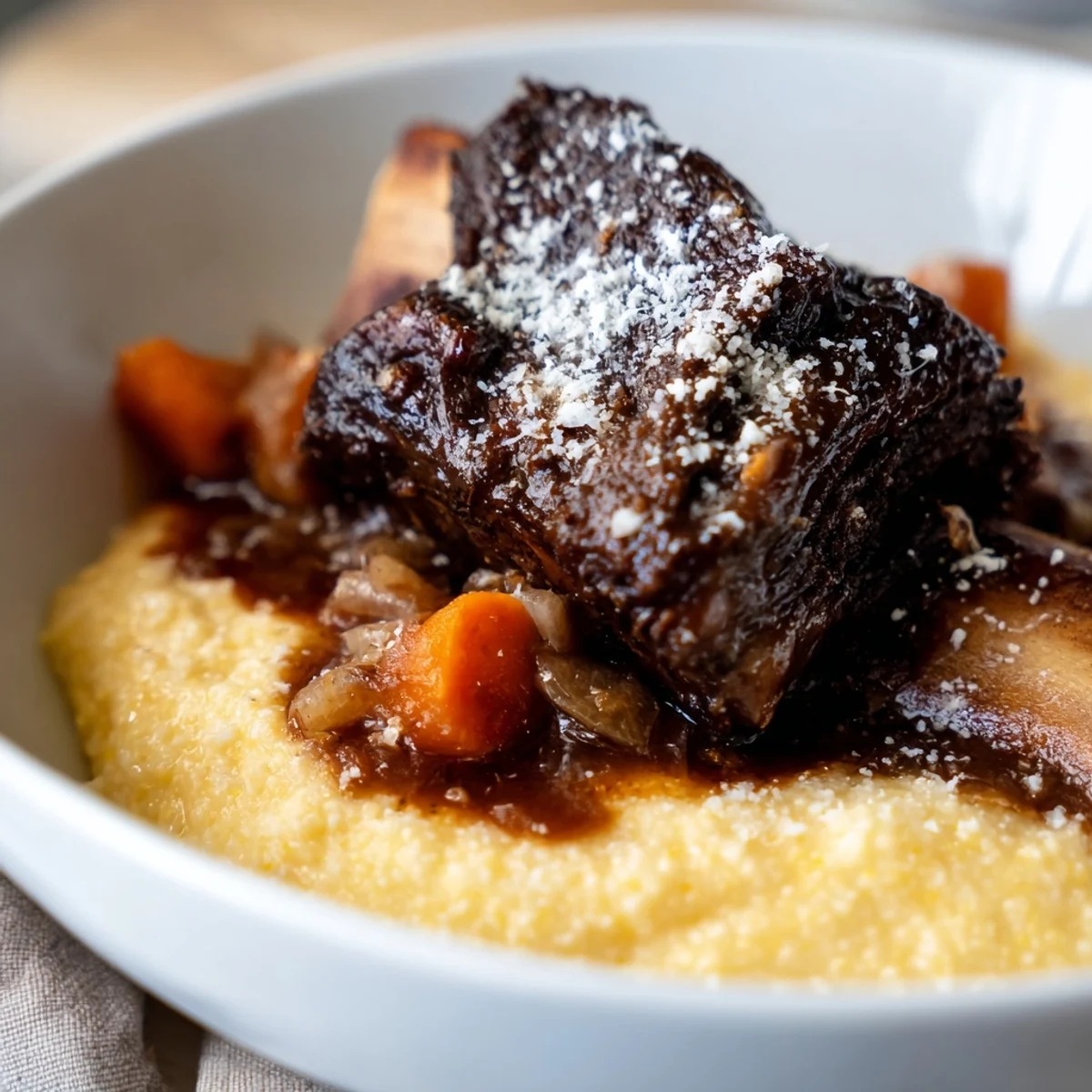Savory braised short ribs atop velvety, buttery polenta, a hearty Italian-inspired main dish ready for a cozy dinner.