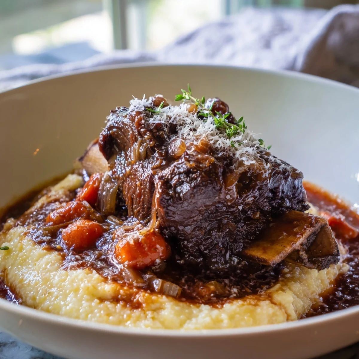 Creamy Polenta with Braised Beef Short Ribs served in a rustic bowl, garnished with fresh thyme and a Parmesan finish.