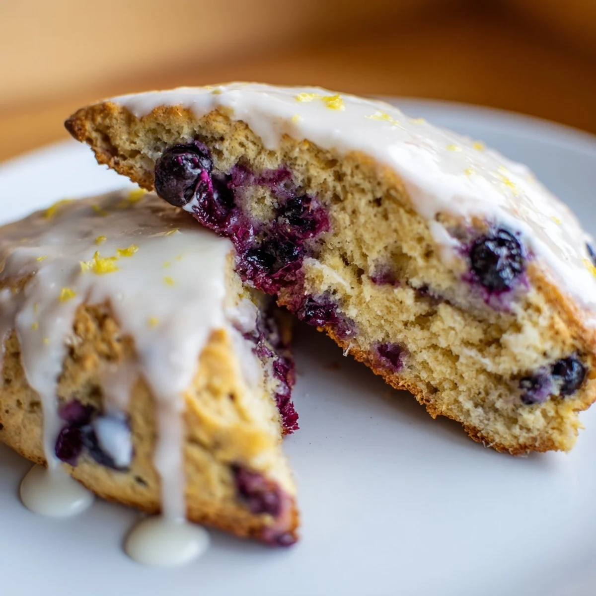 A platter of warm Lemon Blueberry Scones with Vanilla Glaze served beside a cup of tea for a cozy breakfast or brunch.