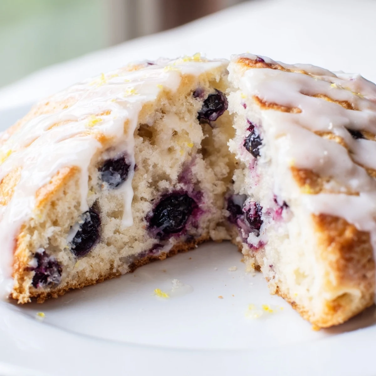Freshly baked Lemon Blueberry Scones with Vanilla Glaze cooling on a wire rack, featuring golden edges and a sweet white drizzle.