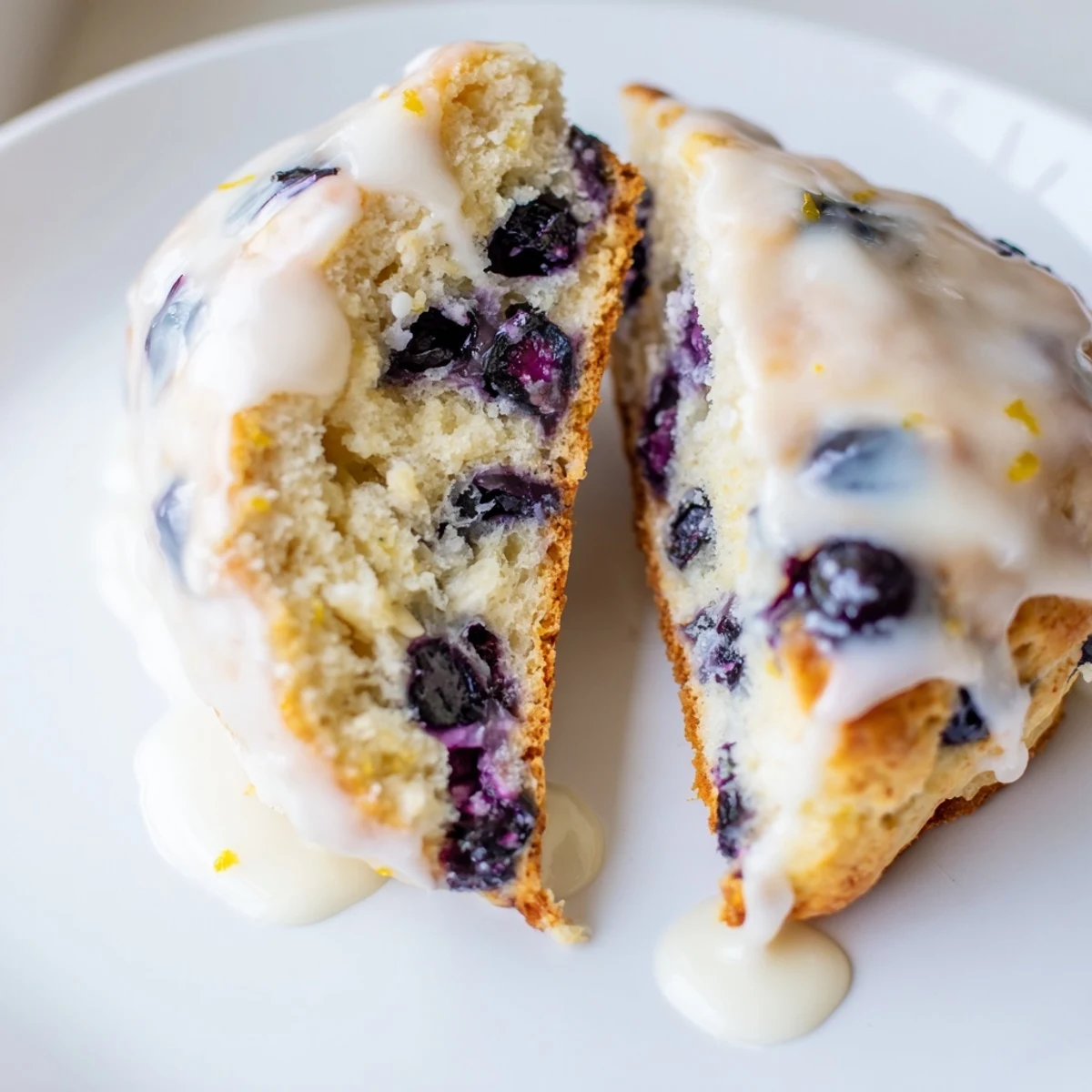 Close-up of Lemon Blueberry Scones with Vanilla Glaze showing juicy blueberries bursting through tender, buttery dough and a sweet vanilla finish.