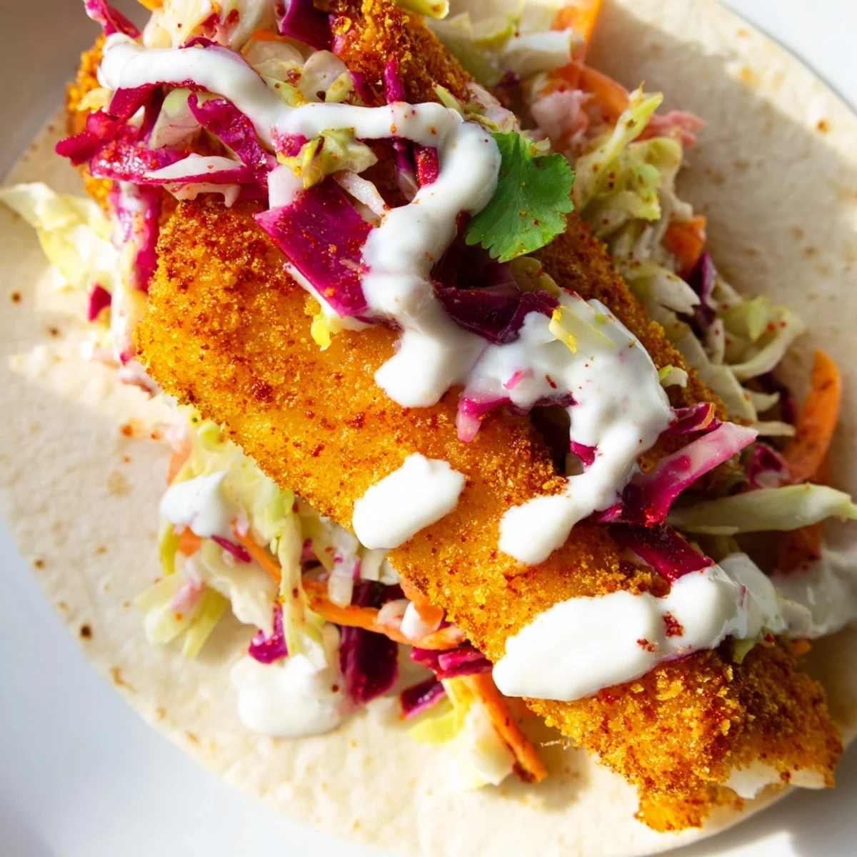Two golden Crispy Fish Tacos with Cabbage Slaw sit on a rustic board with creamy drizzle and jalapeños.