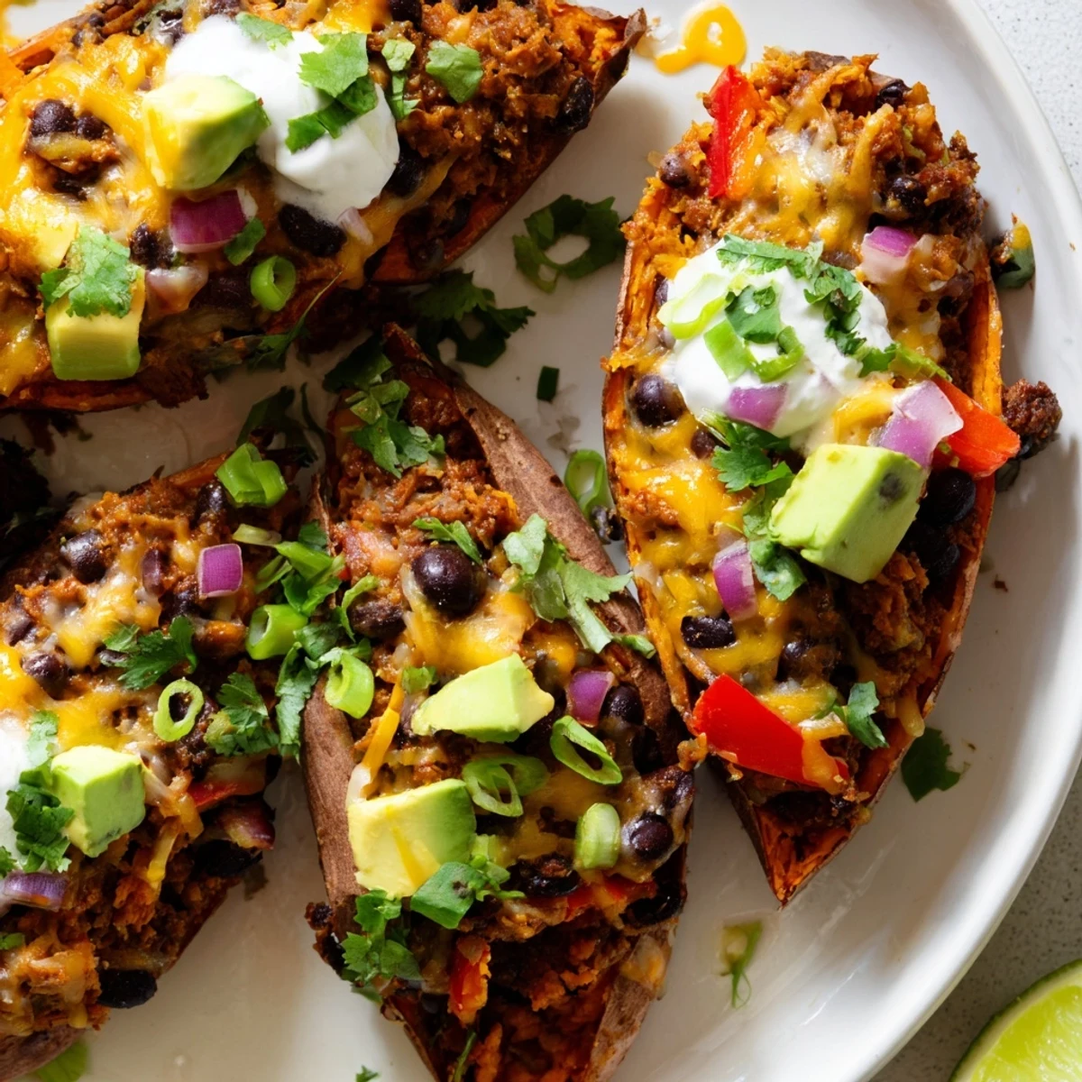 Golden-brown crispy Loaded Sweet Potato Skins with Black Beans on a plate, filled with hearty beans, topped with melted cheddar, avocado, cilantro, and green onions.