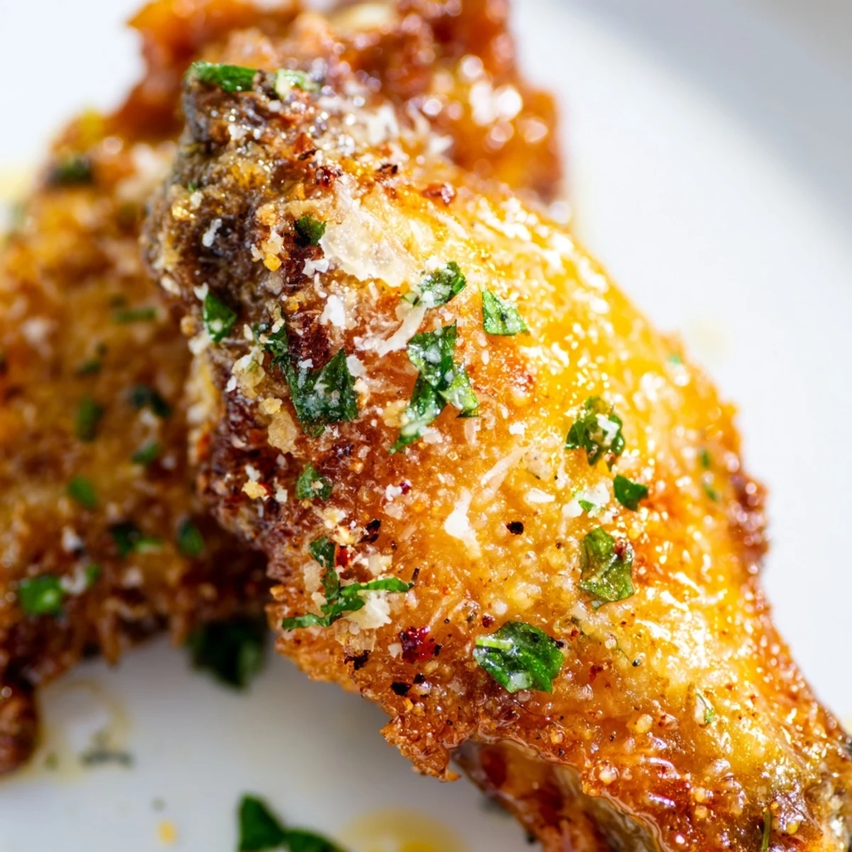 Crispy Air Fryer Garlic Parmesan Chicken Wings with a golden finish, tossed in a buttery sauce and served on a platter with fresh parsley garnish.
