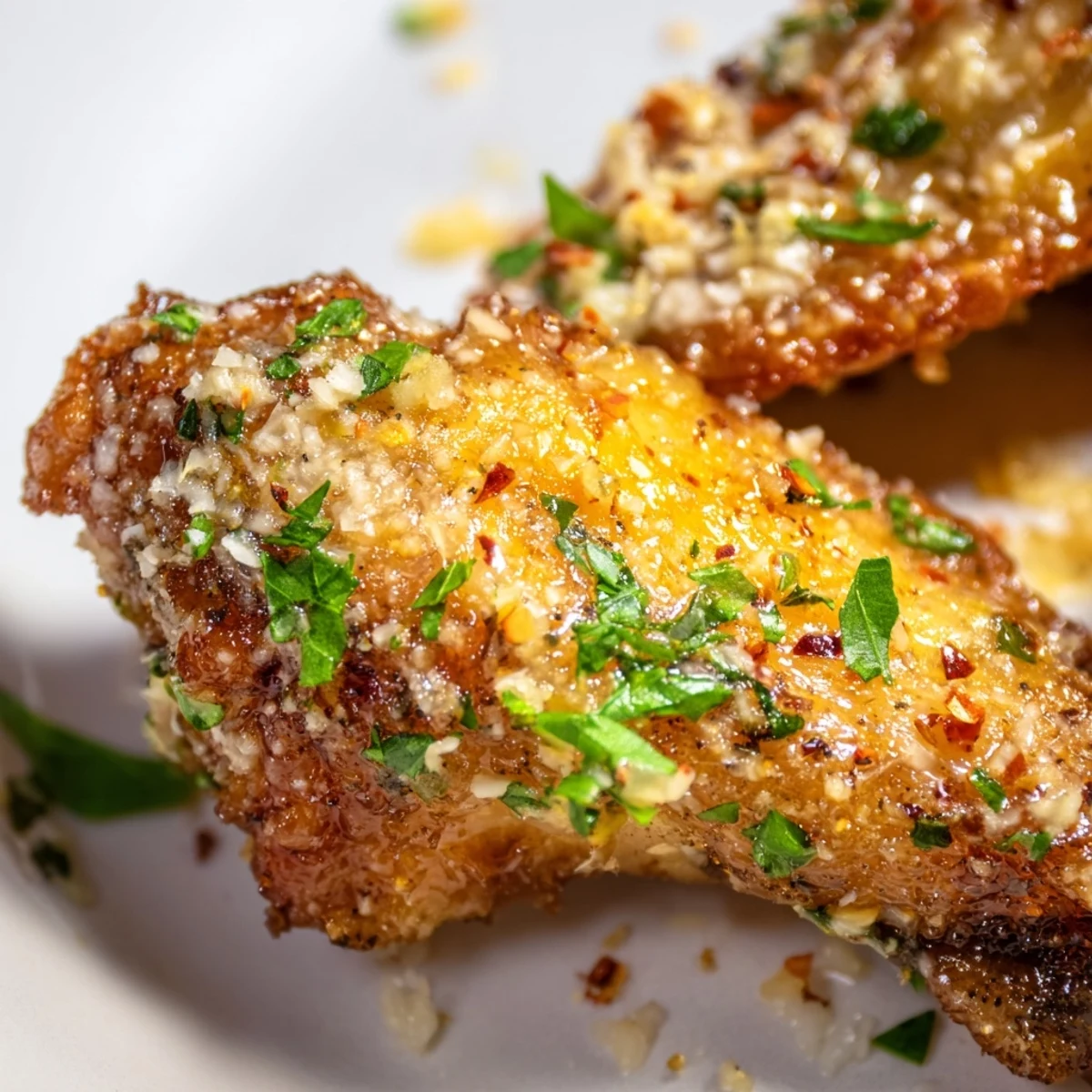 Close-up of Air Fryer Garlic Parmesan Chicken Wings revealing crunchy skin, juicy meat, and melted Parmesan. Served with celery sticks and a creamy dip.