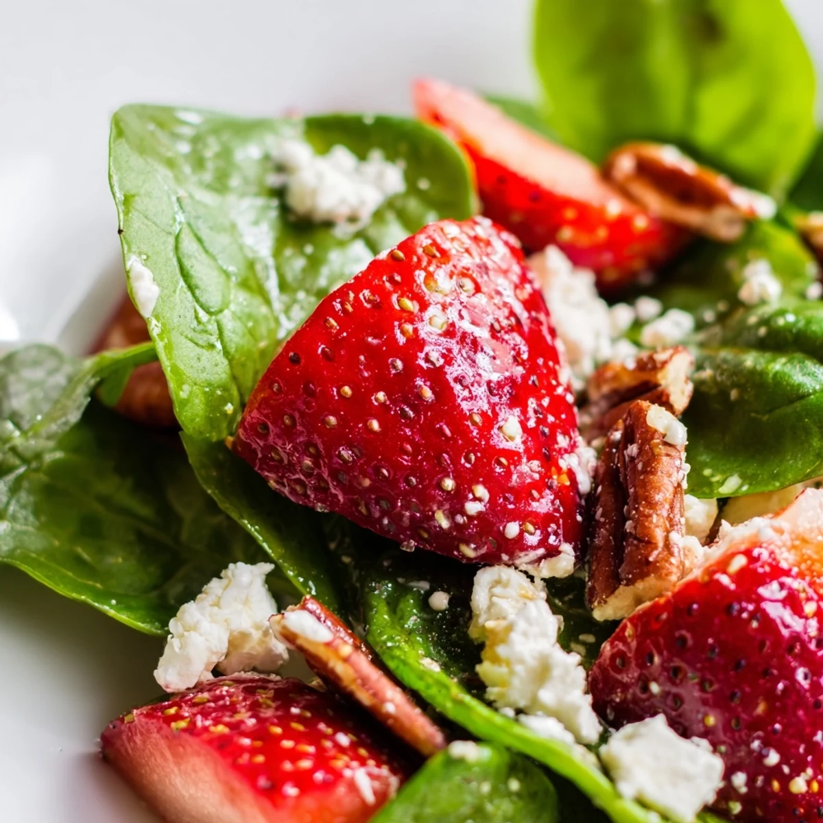 A vibrant salad bowl showcasing sliced strawberries, red onion, and crumbled feta over spinach, garnished with crunchy pecans.