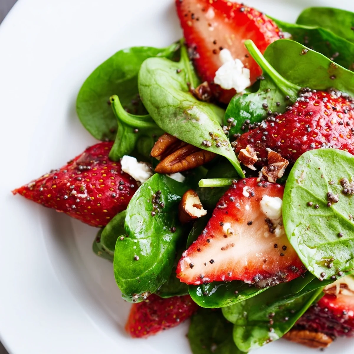 Fresh baby spinach and sliced sweet strawberries tossed with toasted pecans and creamy feta, drizzled with tangy poppy seed vinaigrette.