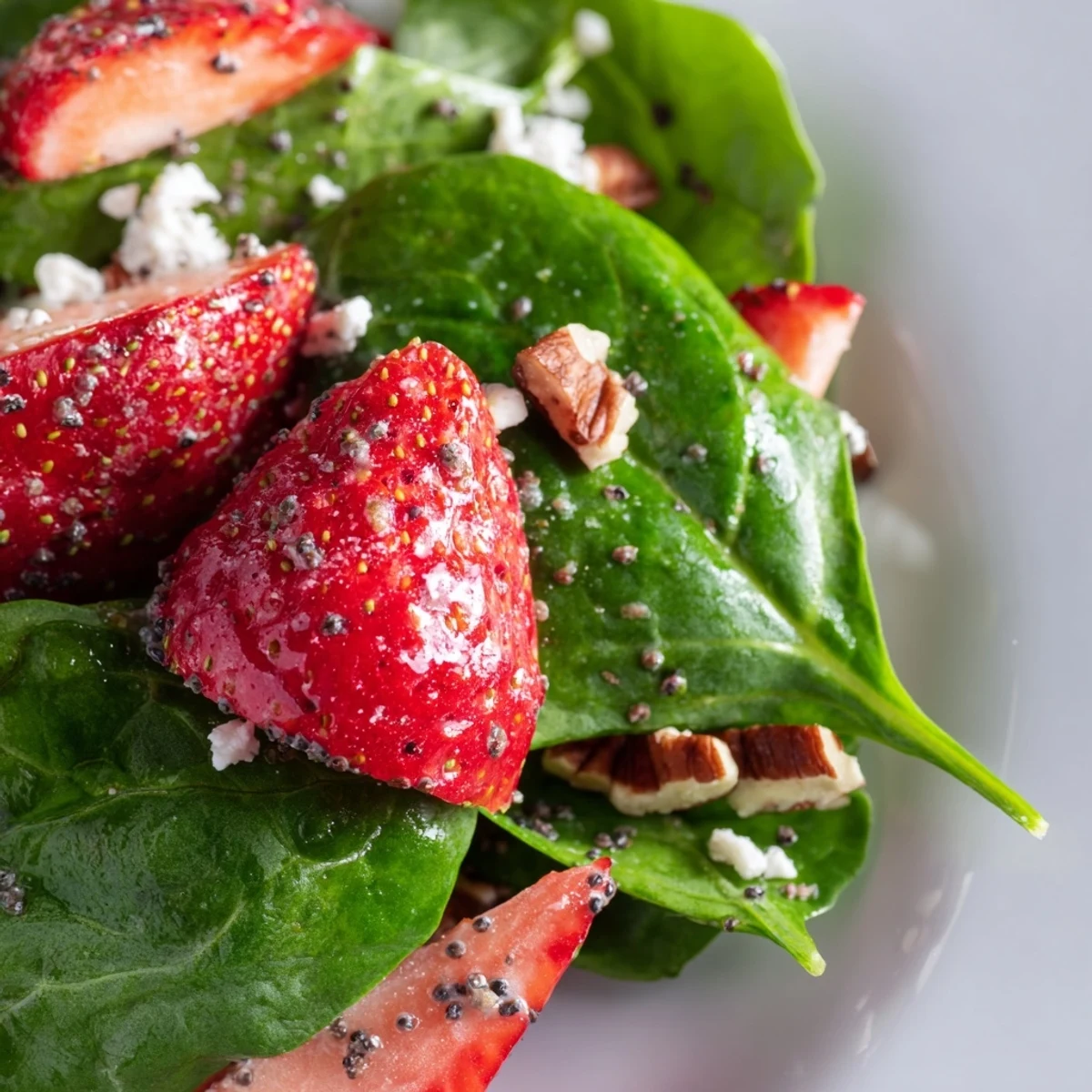 Close-up of a plated Strawberry Spinach Salad with Poppy Seed Vinaigrette, topped with toasted nuts and a glistening dressing.