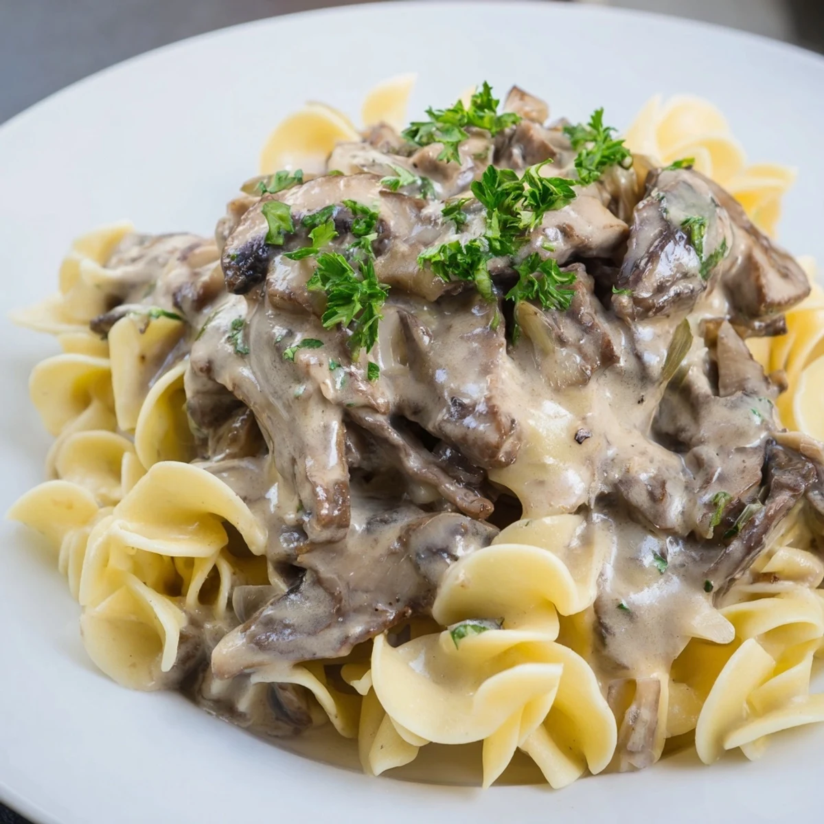 Hearty Beef Stroganoff over Egg Noodles plated with mushrooms and a creamy sauce.