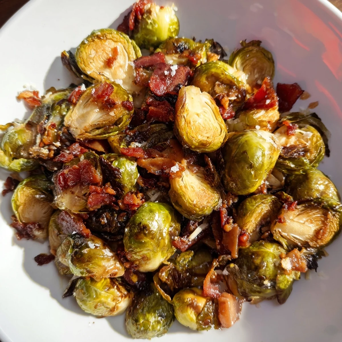 Crispy roasted Brussels sprouts with turkey bacon are scattered on a baking sheet, fresh from the oven with a savory aroma.