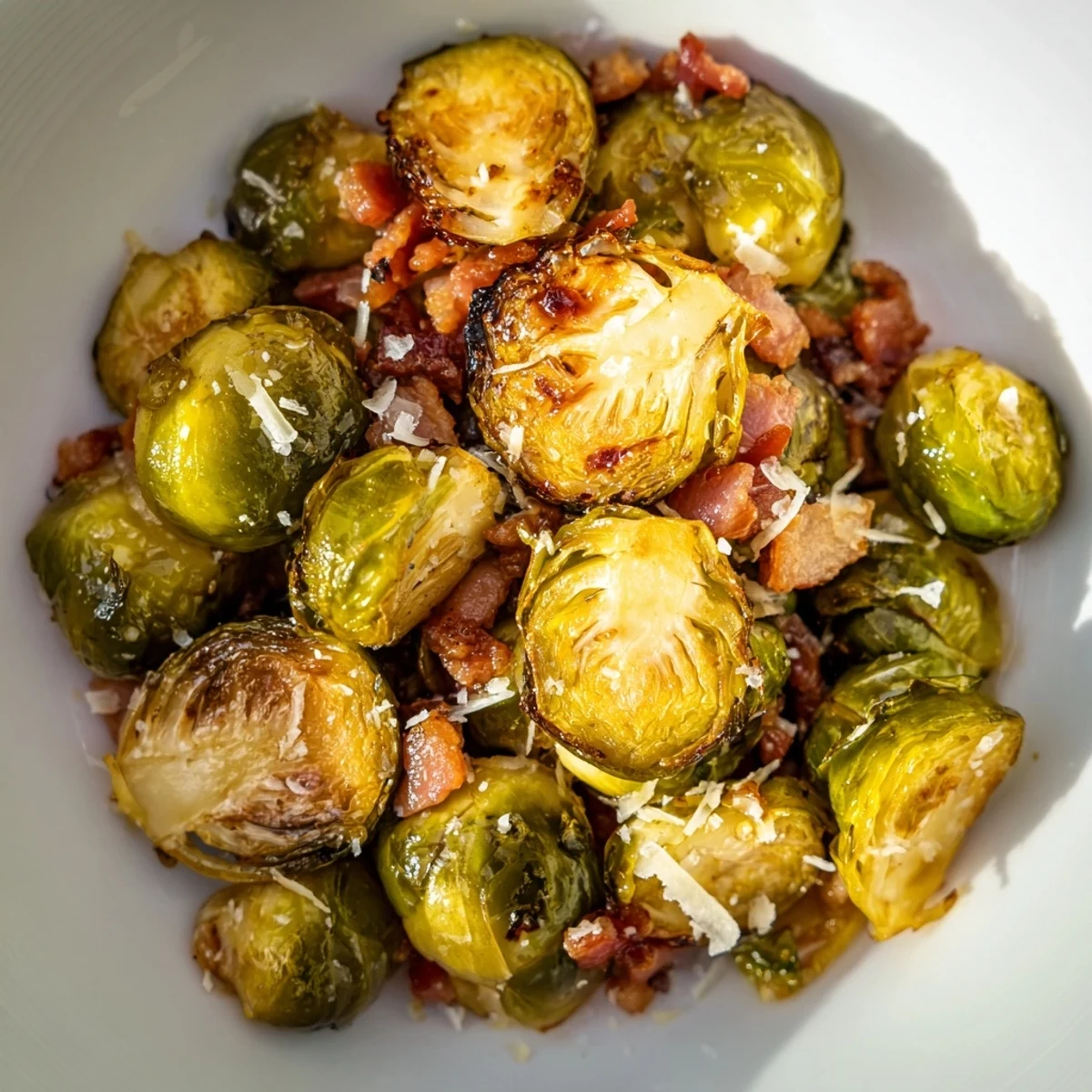 Freshly roasted Brussels sprouts with turkey bacon are tossed in a white bowl, showcasing their vibrant green color and crispy texture.