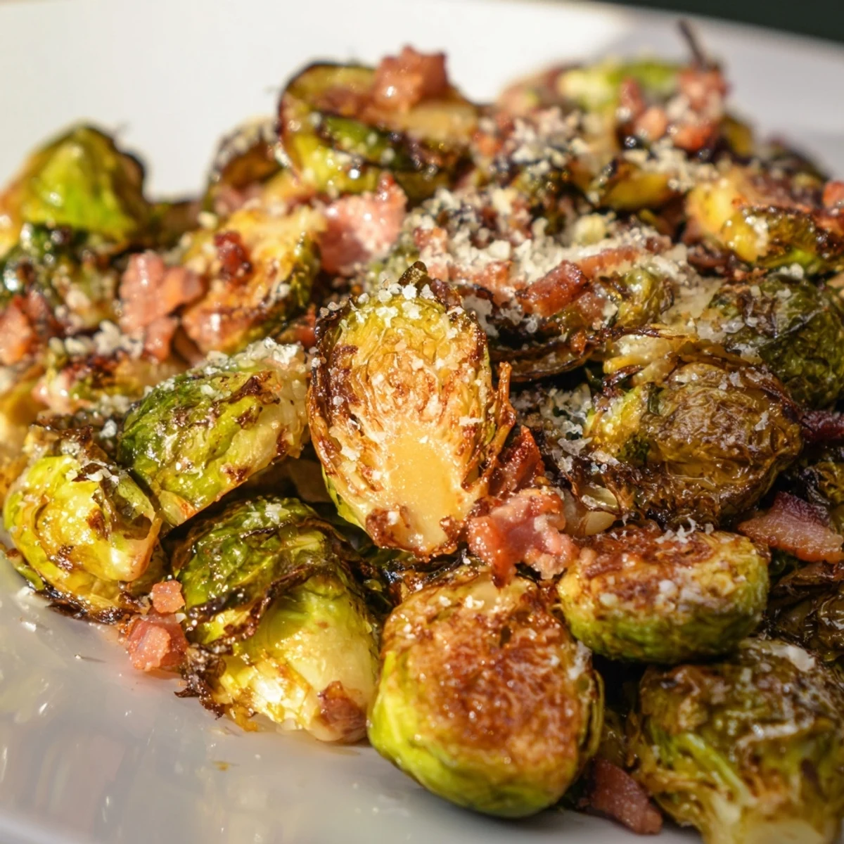 Golden roasted Brussels sprouts with turkey bacon are garnished with Parmesan and balsamic on a rustic serving platter.