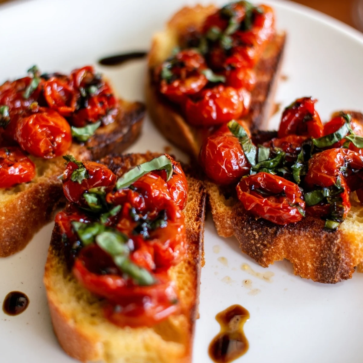 Golden toasted baguette slices topped with caramelized roasted tomatoes, fresh basil, and a drizzle of olive oil. 