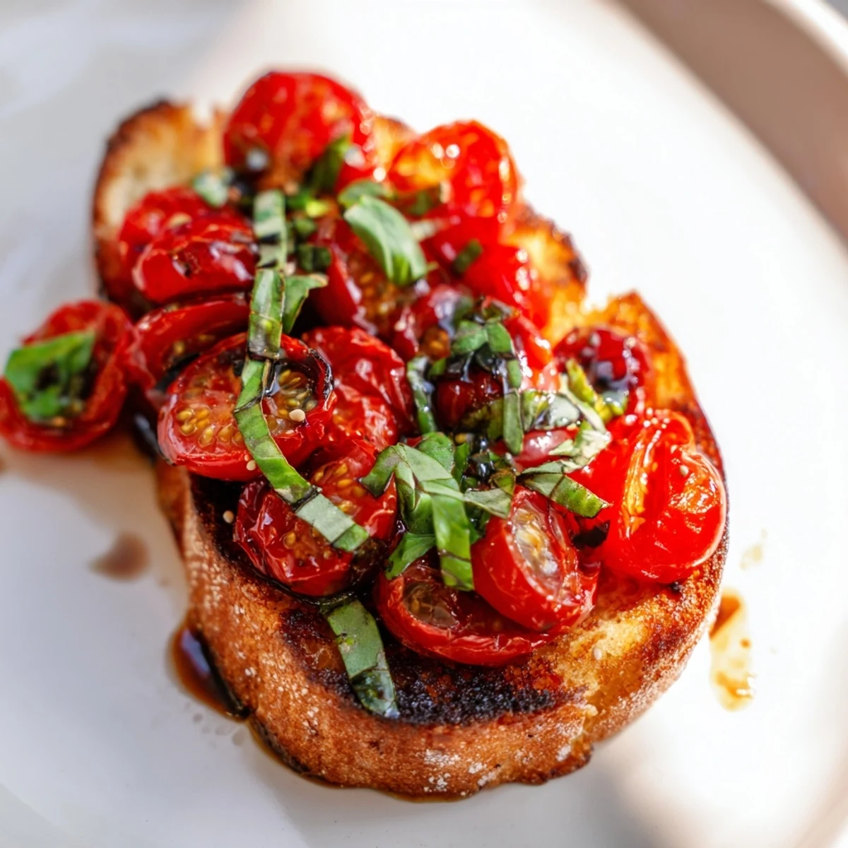 Freshly roasted cherry tomatoes with basil on crispy garlic toast, ready to serve as a vibrant Italian appetizer. 