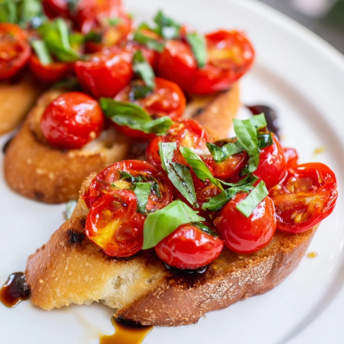 Delicious homemade Roasted Tomato and Basil Bruschetta on Toast, a perfect vegetarian party appetizer for any gathering.