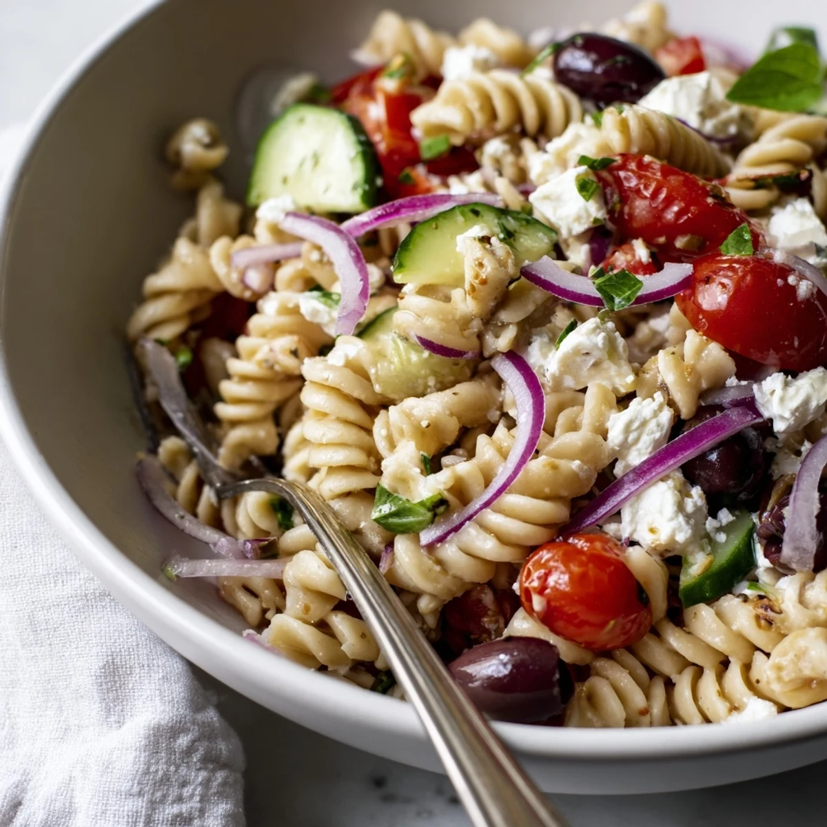 A vibrant Mediterranean Pasta Salad with Kalamata Olives is served in a white bowl with a fork ready to eat.