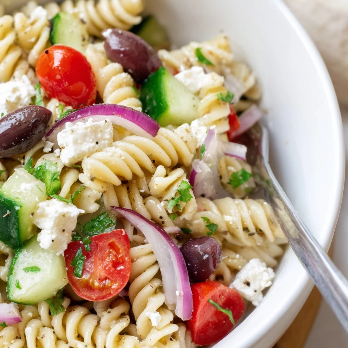 Mediterranean Pasta Salad with Kalamata Olives is tossed with crisp cucumbers and cherry tomatoes on a rustic wooden table.