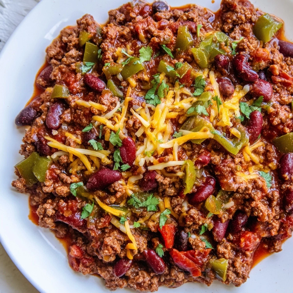 Slow Cooker Chili with Ground Beef and Beans steaming in a black slow cooker, topped with melted cheddar cheese and a dollop of sour cream.