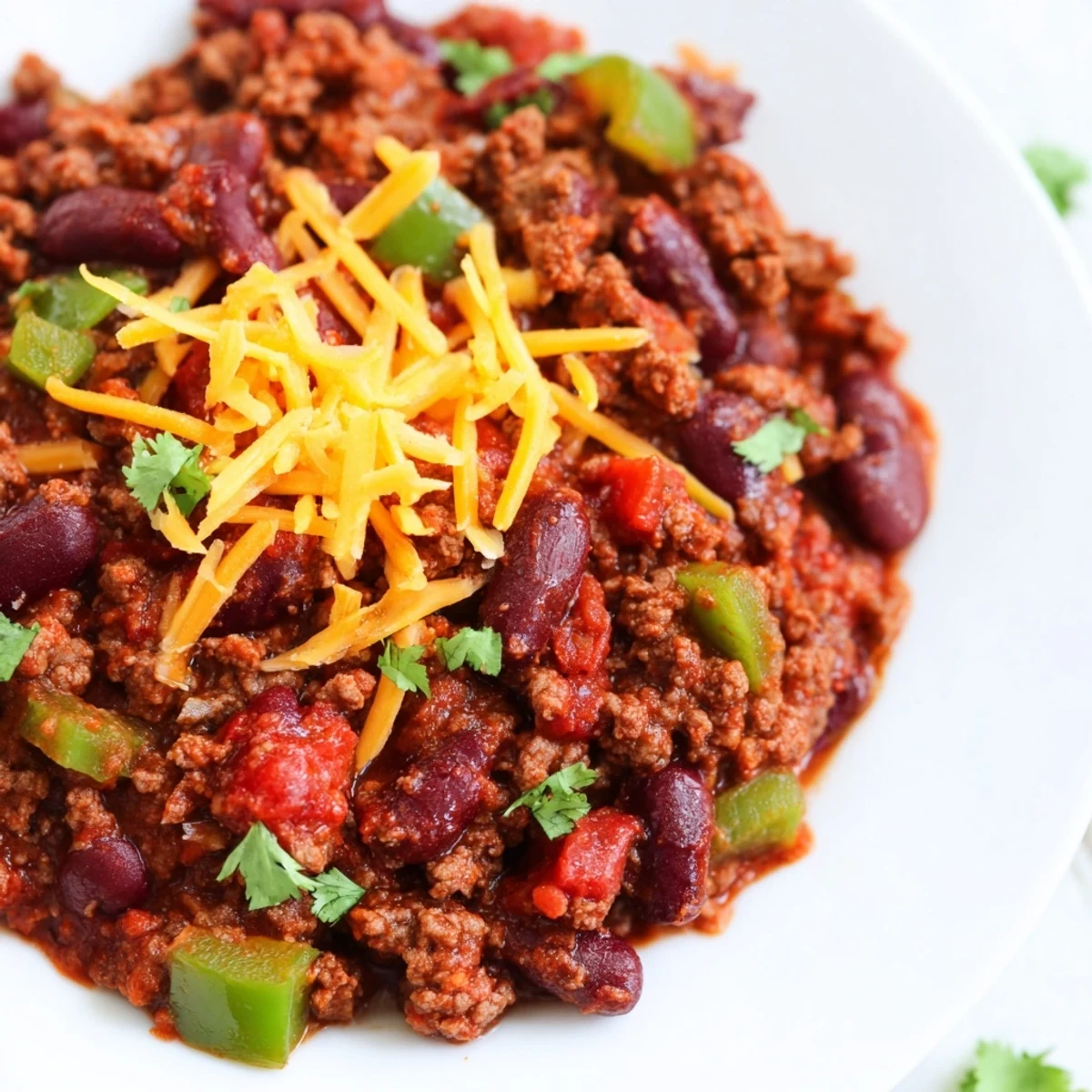 A hearty bowl of Slow Cooker Chili with Ground Beef and Beans served with warm cornbread and fresh cilantro for a cozy family dinner.