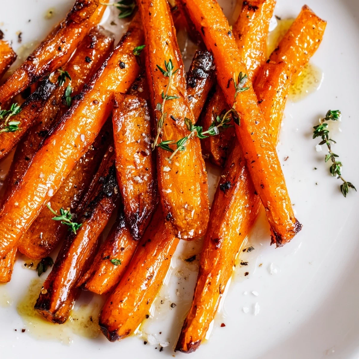 Golden Roasted Carrots with Honey and Fresh Thyme on a rustic platter, glistening with a sweet caramelized glaze and fresh herb garnish.