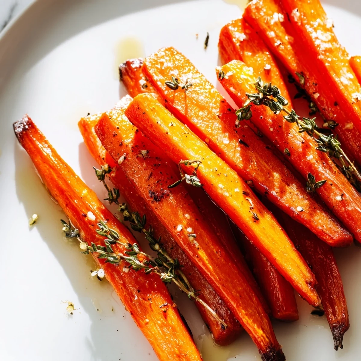 Tender Roasted Carrots with Honey and Fresh Thyme served warm as a simple side dish, garnished with fresh thyme sprigs on a white plate.