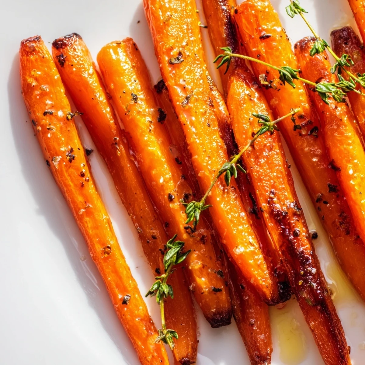Vibrant orange Roasted Carrots with Honey and Fresh Thyme roasted to perfection on a baking sheet, ready for a healthy vegetarian dinner.
