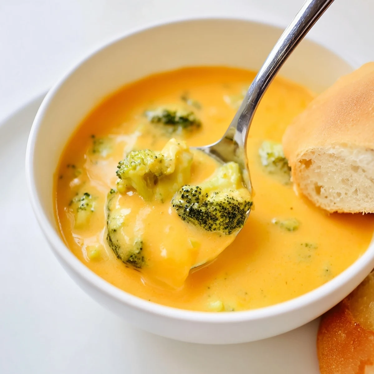 Creamy Broccoli Cheddar Soup with Crusty Bread steaming in a rustic bowl with fresh broccoli florets and melted cheddar.