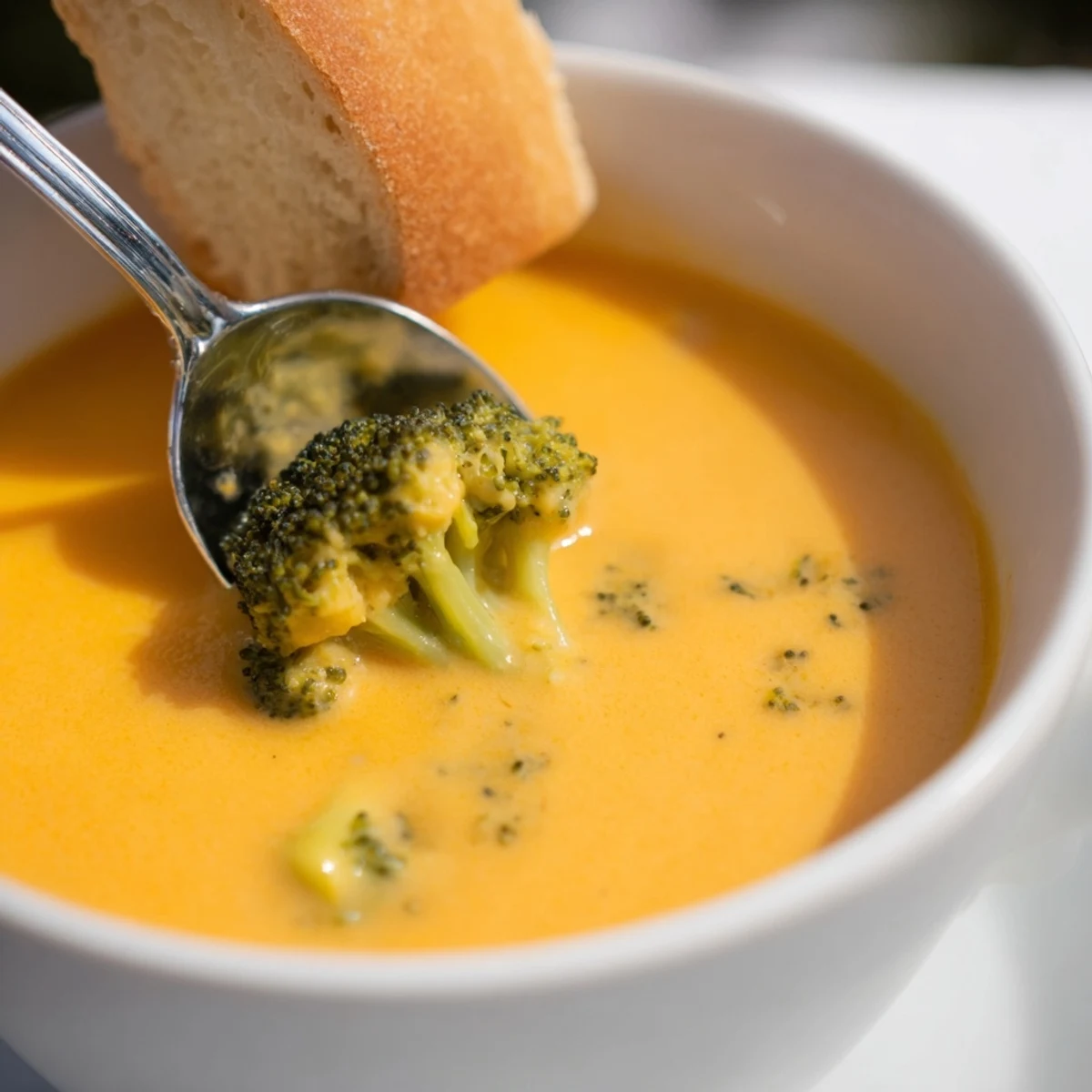 A warm bowl of Creamy Broccoli Cheddar Soup with Crusty Bread served beside a sliced baguette for dipping.