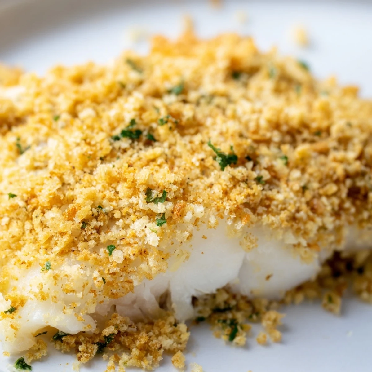 Golden, crispy buttery cracker crumbs top tender baked cod fillets on a baking sheet.