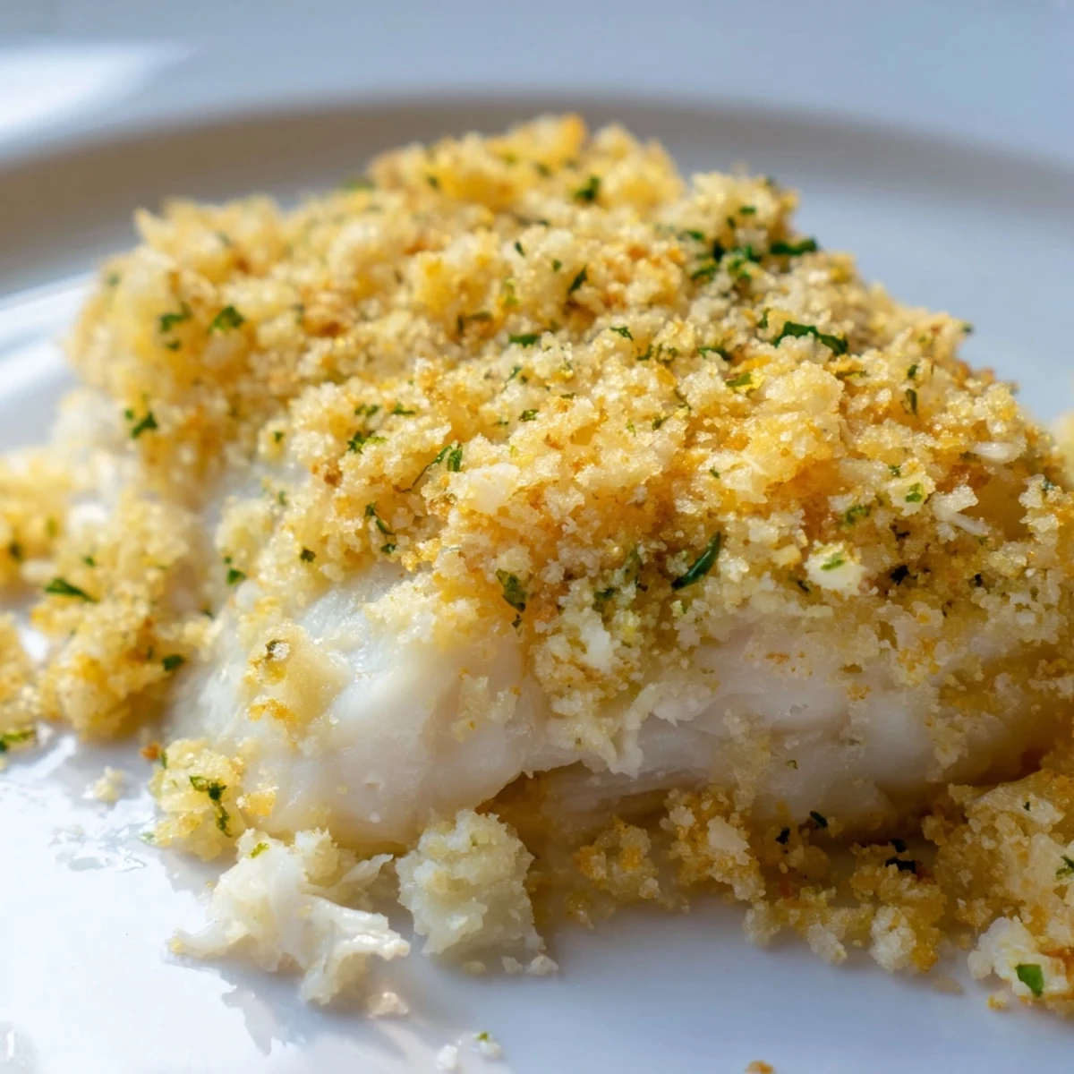 Flaky baked cod with buttery cracker crumb topping garnished with lemon wedges and parsley.