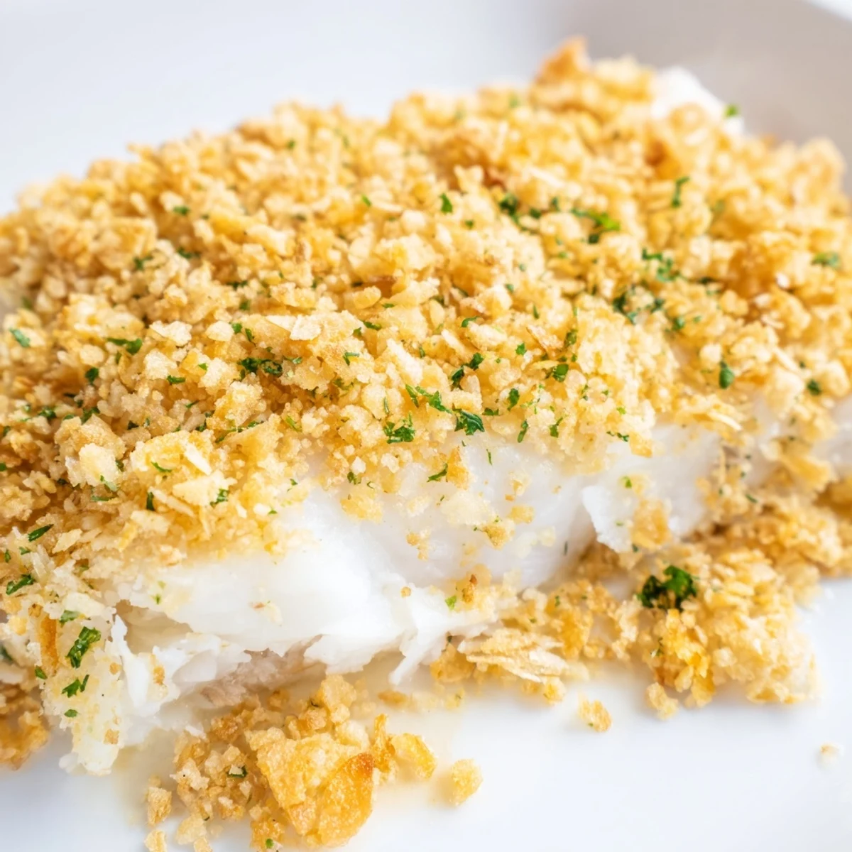 Easy weeknight dinner: baked cod fillets with golden crumb topping, served with lemon wedges.