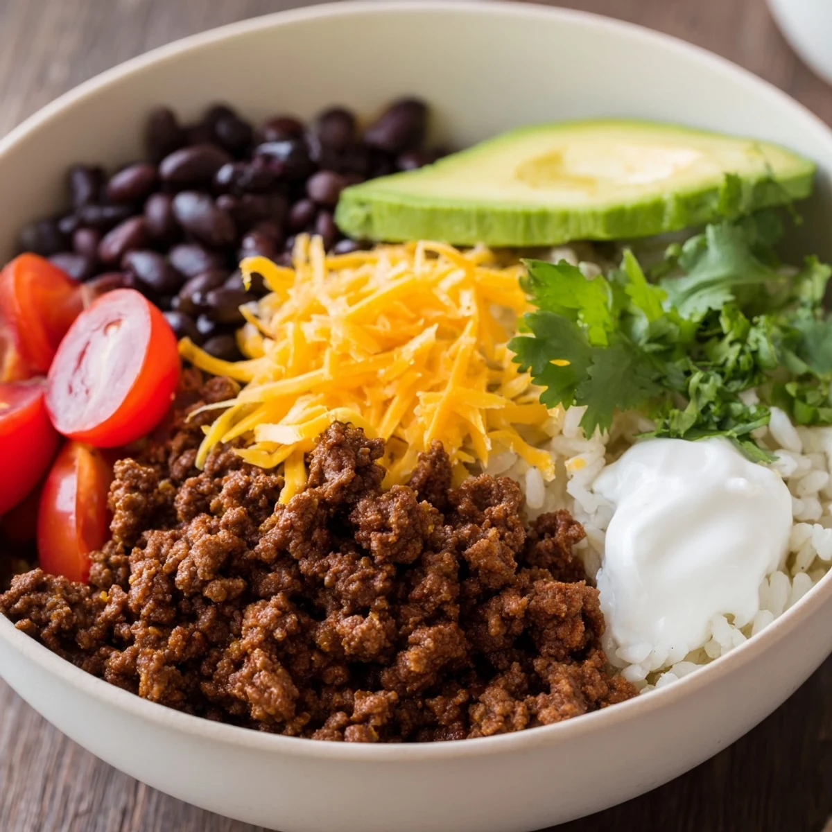 Close-up view of a Beef Burrito Bowl with Rice and Beans, loaded with seasoned ground beef, fluffy lime cilantro rice, and melted Monterey Jack cheese.
