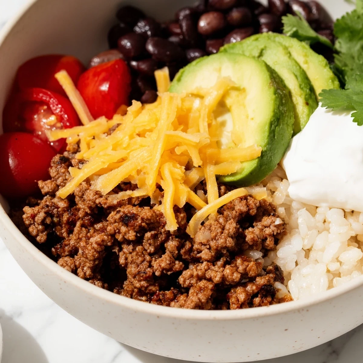 An overhead shot of a Beef Burrito Bowl with Rice and Beans, garnished with fresh cilantro and lime wedges, ready for a gluten-free Tex-Mex dinner.