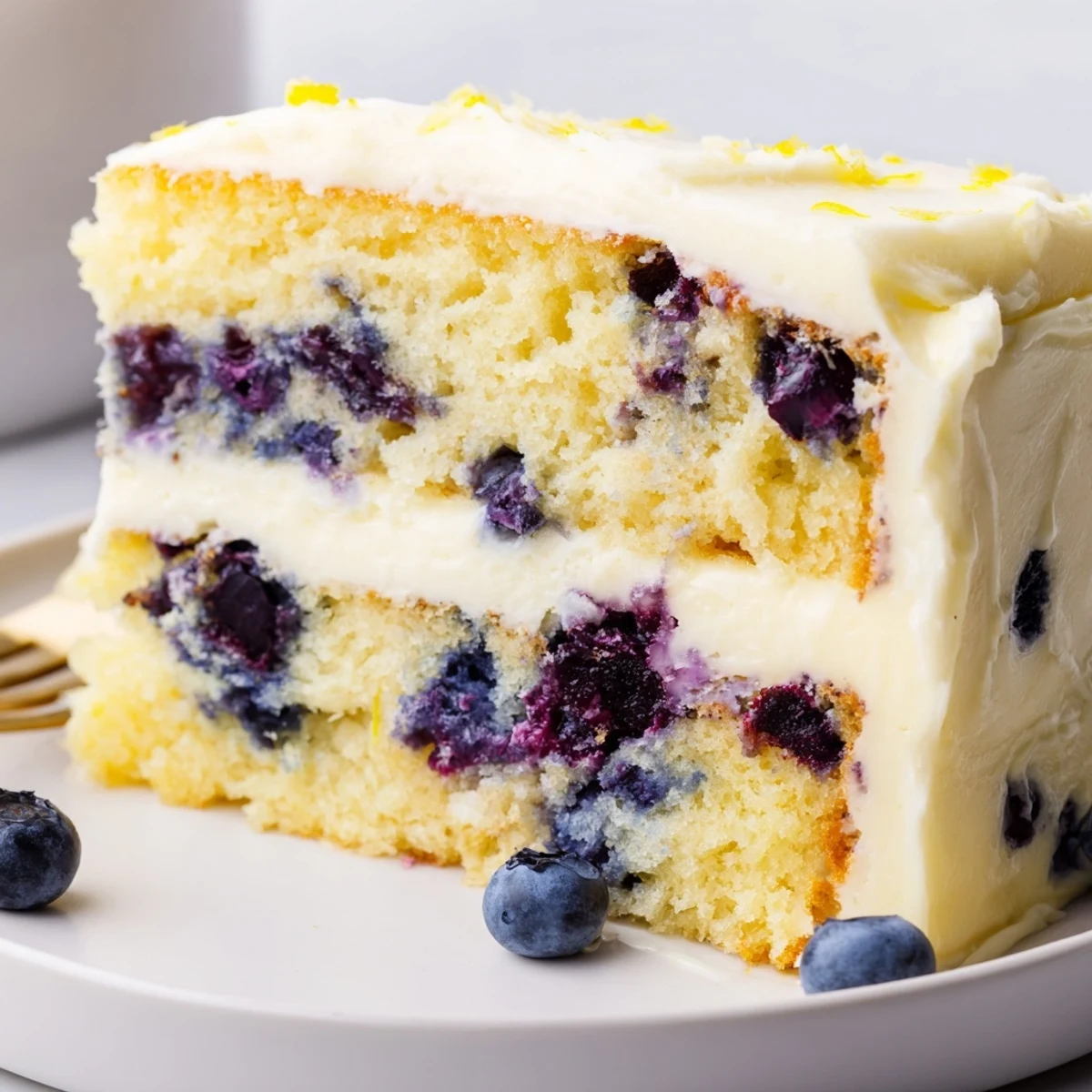 Tall layers of Lemon Blueberry Cake with Cream Cheese Frosting are frosted smoothly and topped with fresh blueberries.