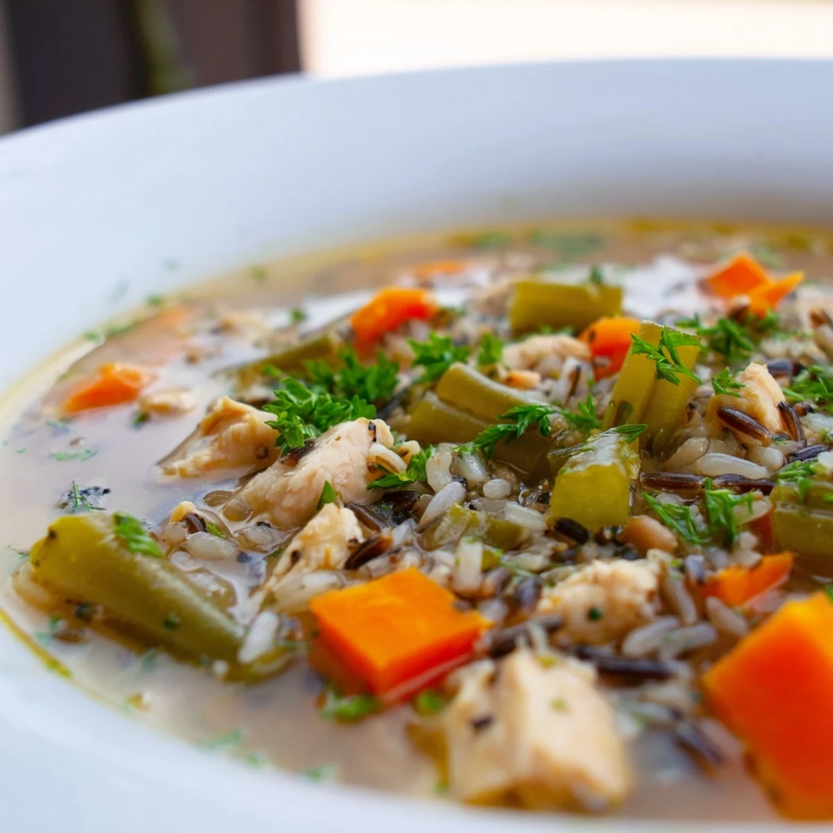 A bowl of Chicken Vegetable Soup with Wild Rice, featuring tender chicken, carrots, and celery in a clear golden broth.