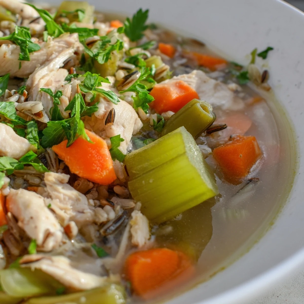 Steam rises from a ladle of Chicken Vegetable Soup with Wild Rice, served in a rustic bowl with fresh parsley garnish.
