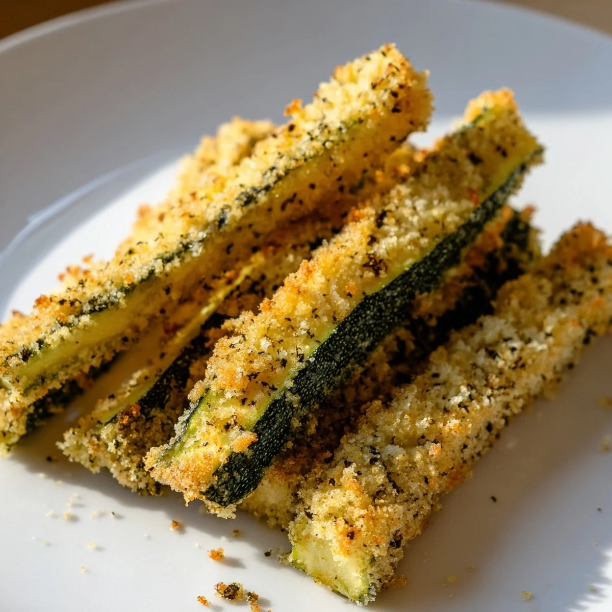 Golden baked Crispy Zucchini Fries with Parmesan Cheese served with creamy marinara dip.